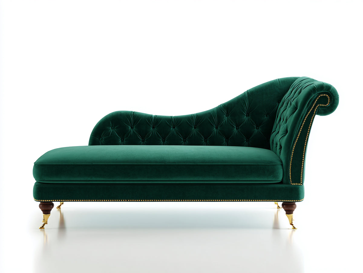 Chaise longue - Velours - 182 x 79 x 87 cm - Vert émeraude - Style classique capitonné
