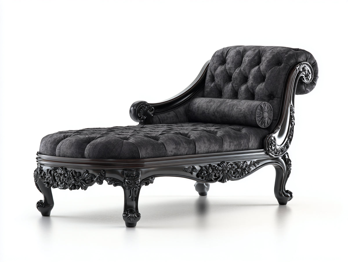 Chaise longue - Velours-Bois - 171 x 79 x 92 cm - Gris anthracite-Noir - Style baroque