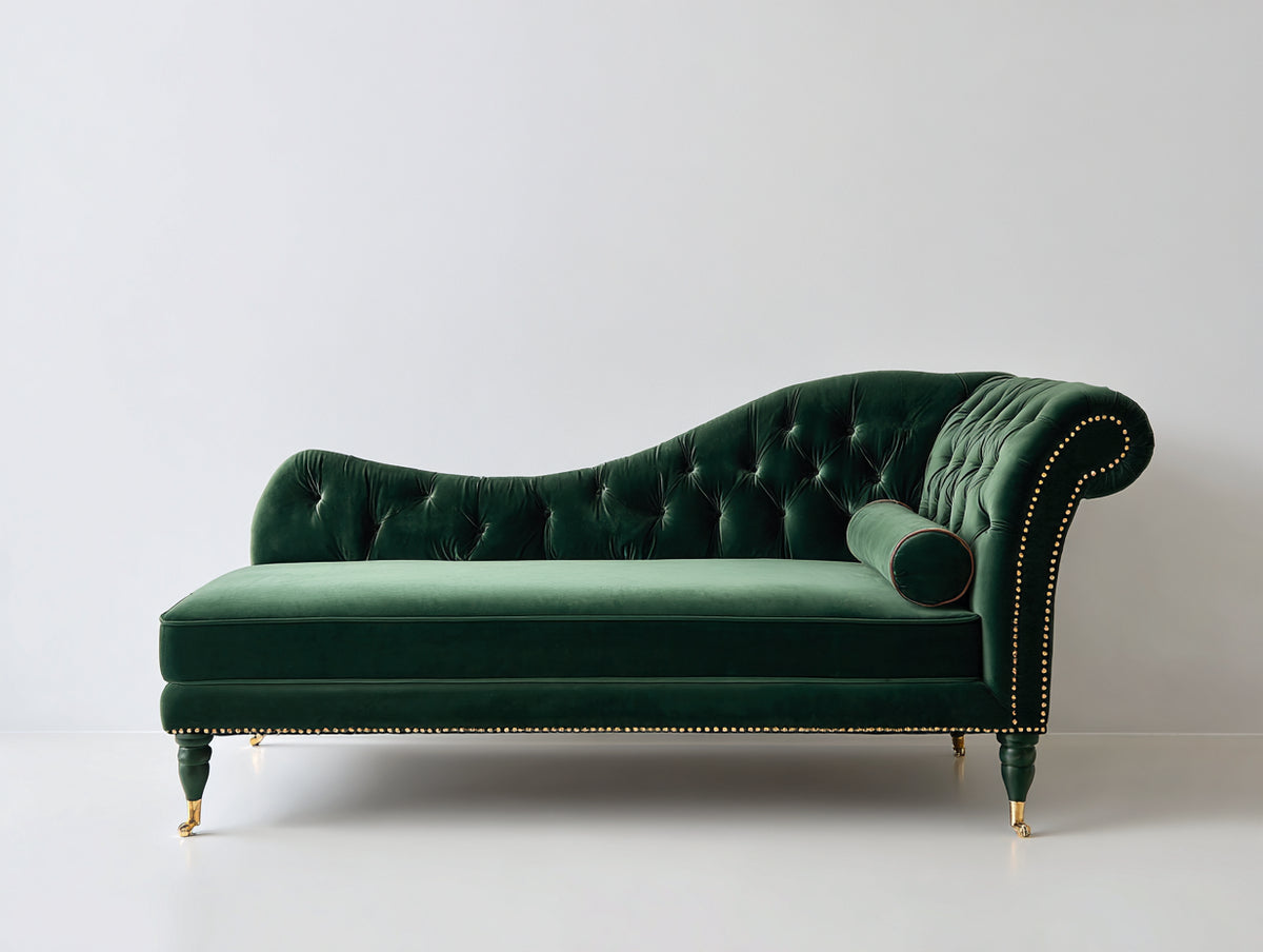 Chaise longue - Velours - 184 x 80 x 87 cm - Vert émeraude - Style Chesterfield classique