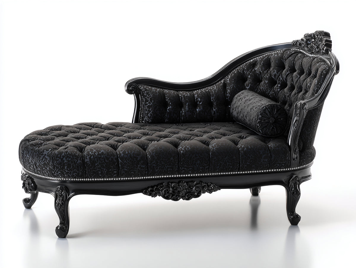 Chaise longue - Velours-Bois - 175 x 79 x 90 cm - Noir - Style baroque élégant