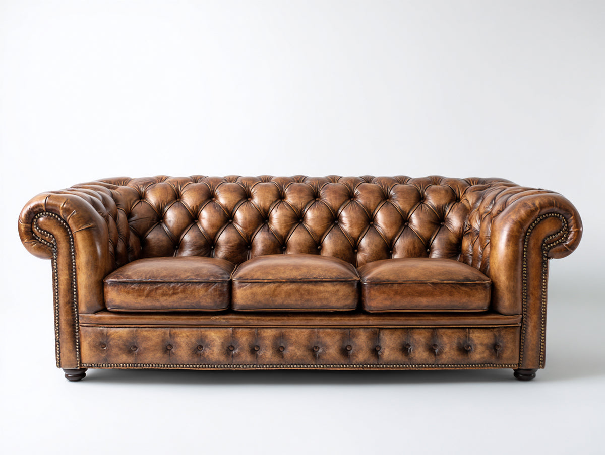 Canapé 3 places - Cuir - 226 x 95 x 78 cm - Marron caramel - Style Chesterfield vintage