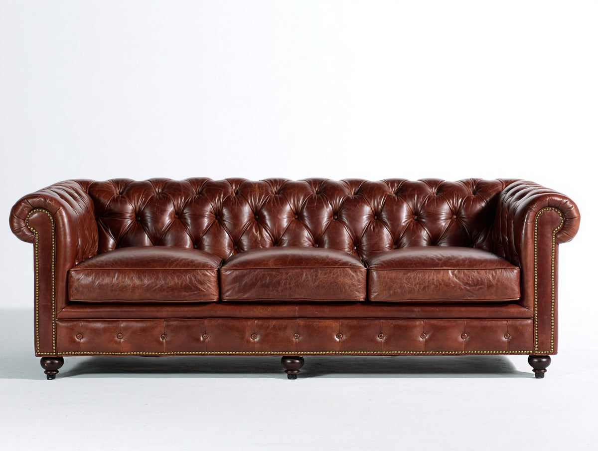 Canapé 3 places - Cuir - 220 x 91 x 78 cm - Marron cognac - Style Chesterfield élégant