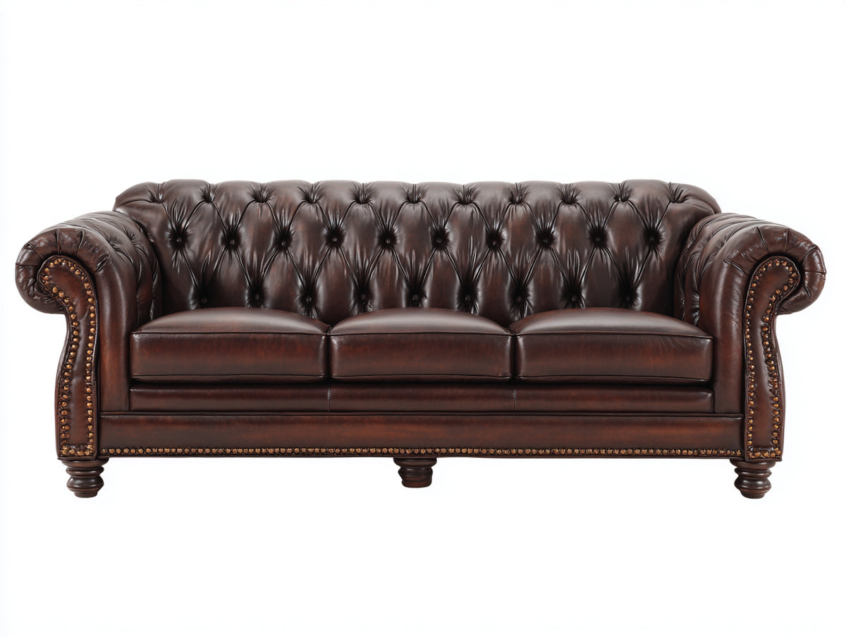 Canapé 3 places - Cuir - 231 x 97 x 81 cm - Brun moka - Style Chesterfield élégant