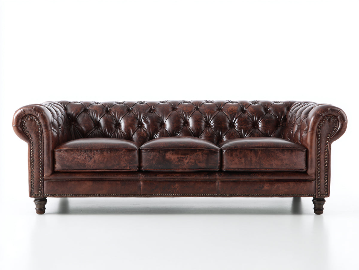 Canapé 3 places - Cuir - 221 x 93 x 77 cm - Marron antique - Style Chesterfield traditionnel