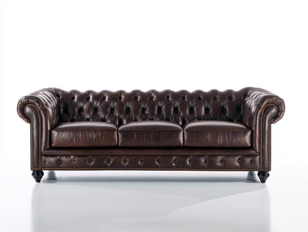 Canapé 3 places - Cuir - 228 x 95 x 78 cm - Marron foncé - Style Chesterfield classique