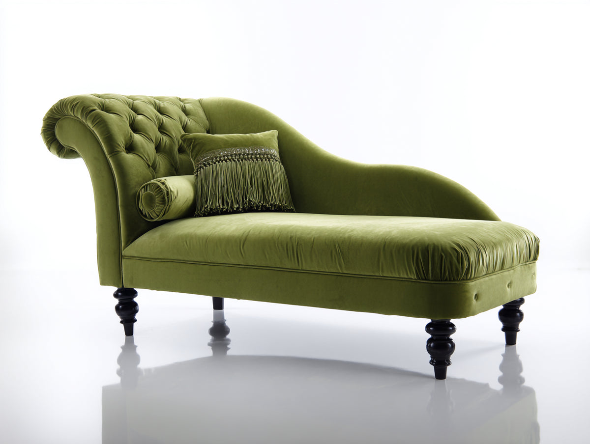Chaise longue - Velours - 181 x 78 x 84 cm - Vert olive - Style classique