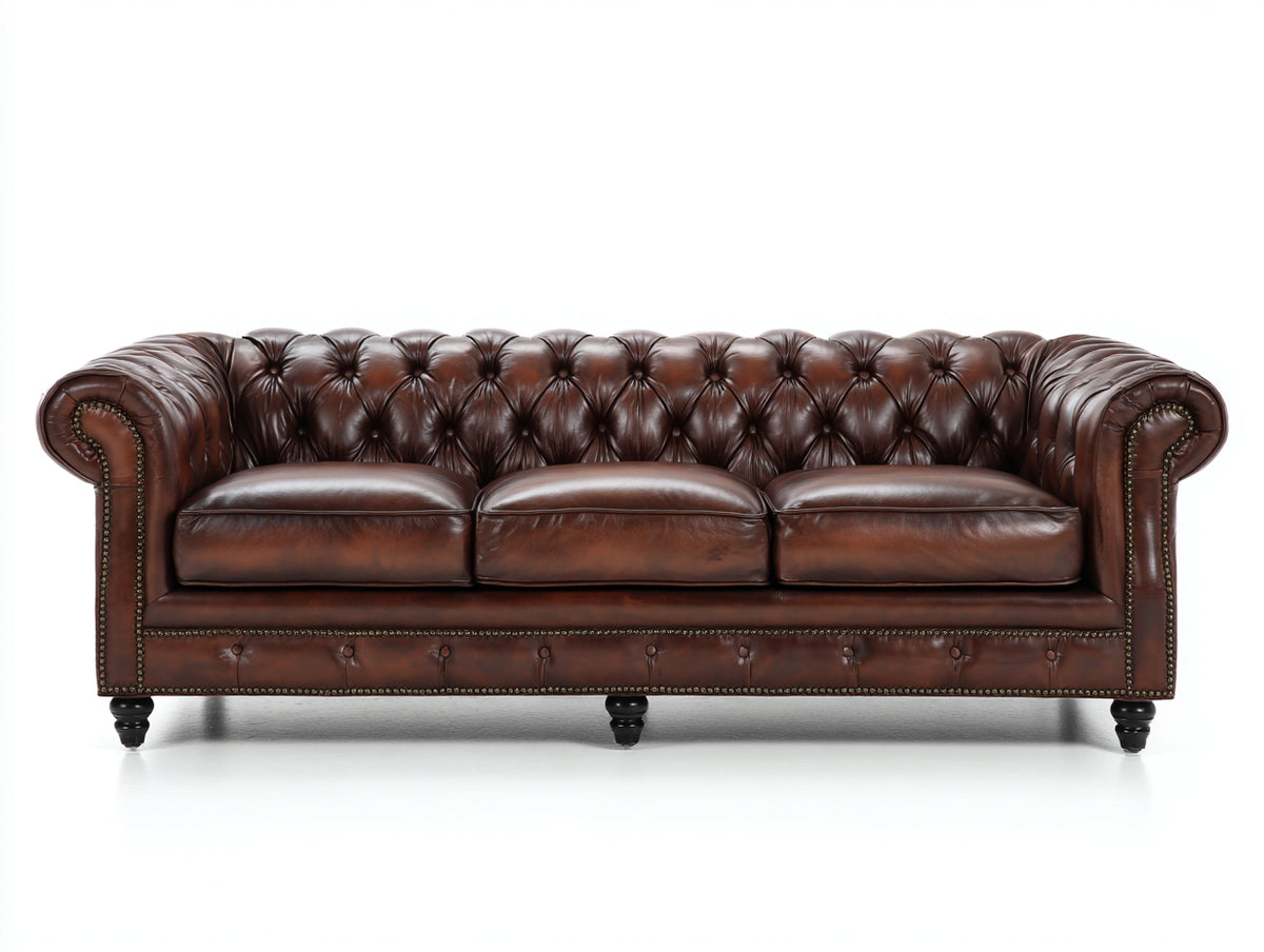 Canapé 3 places - Cuir - 232 x 96 x 79 cm - Marron foncé - Style Chesterfield classique