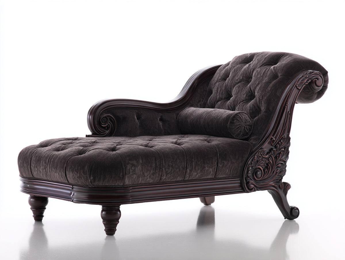Chaise longue - Velours-Bois - 169 x 80 x 91 cm - Brun foncé - Style classique sculpté
