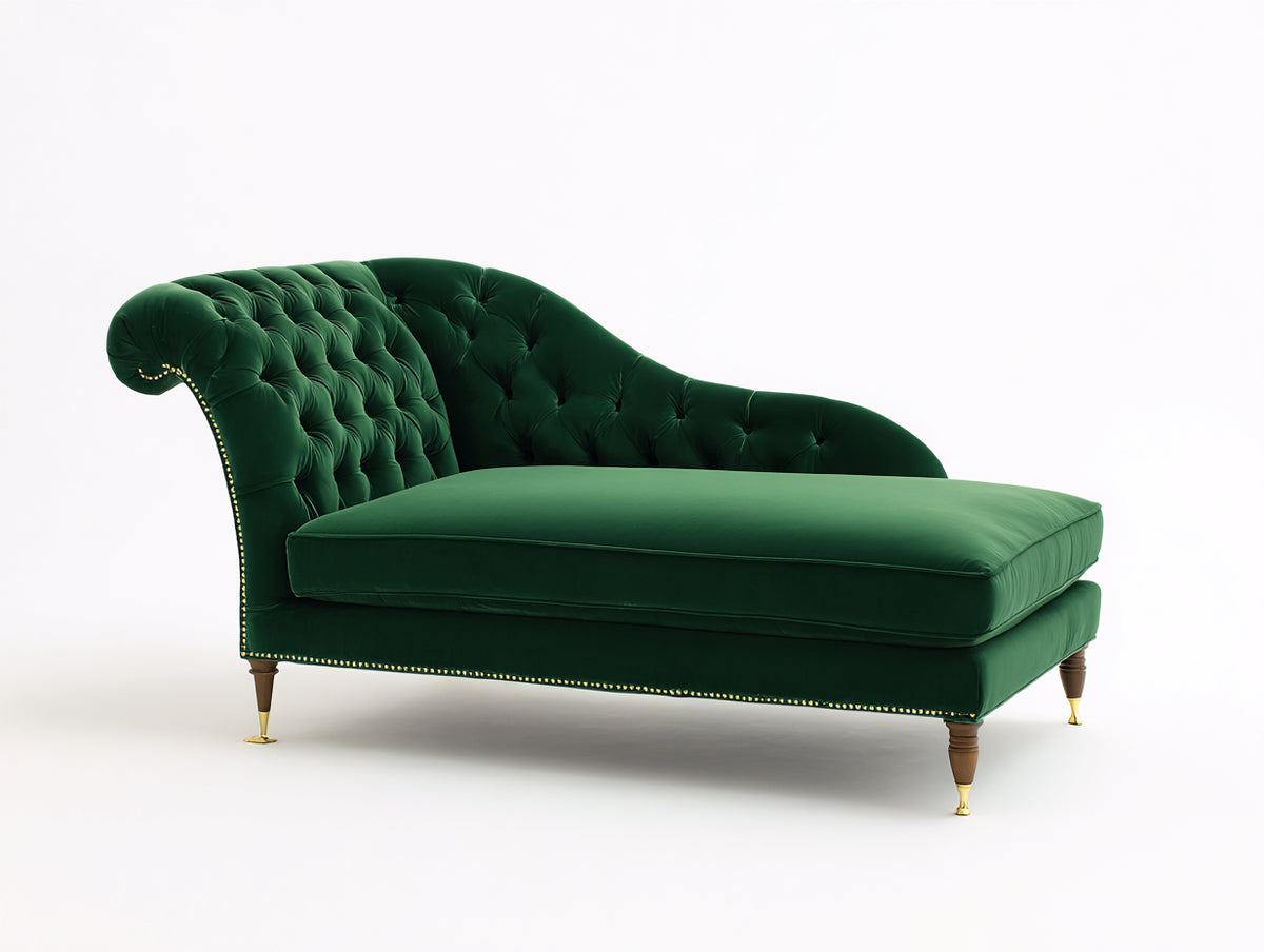 Chaise longue - Velours - 178 x 78 x 86 cm - Vert émeraude - Style classique capitonné