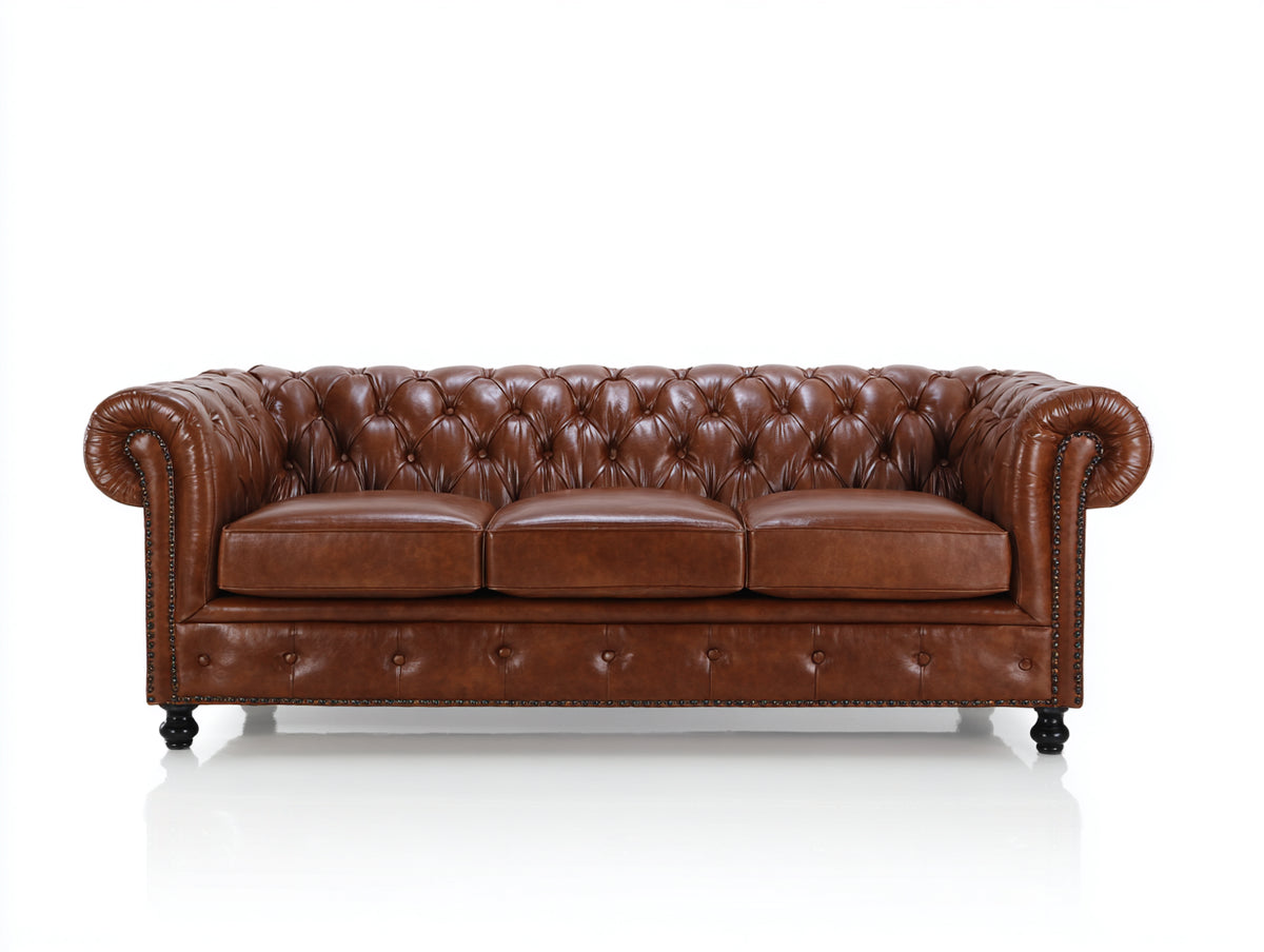Canapé 3 places - Cuir - 218 x 92 x 76 cm - Marron - Style Chesterfield classique
