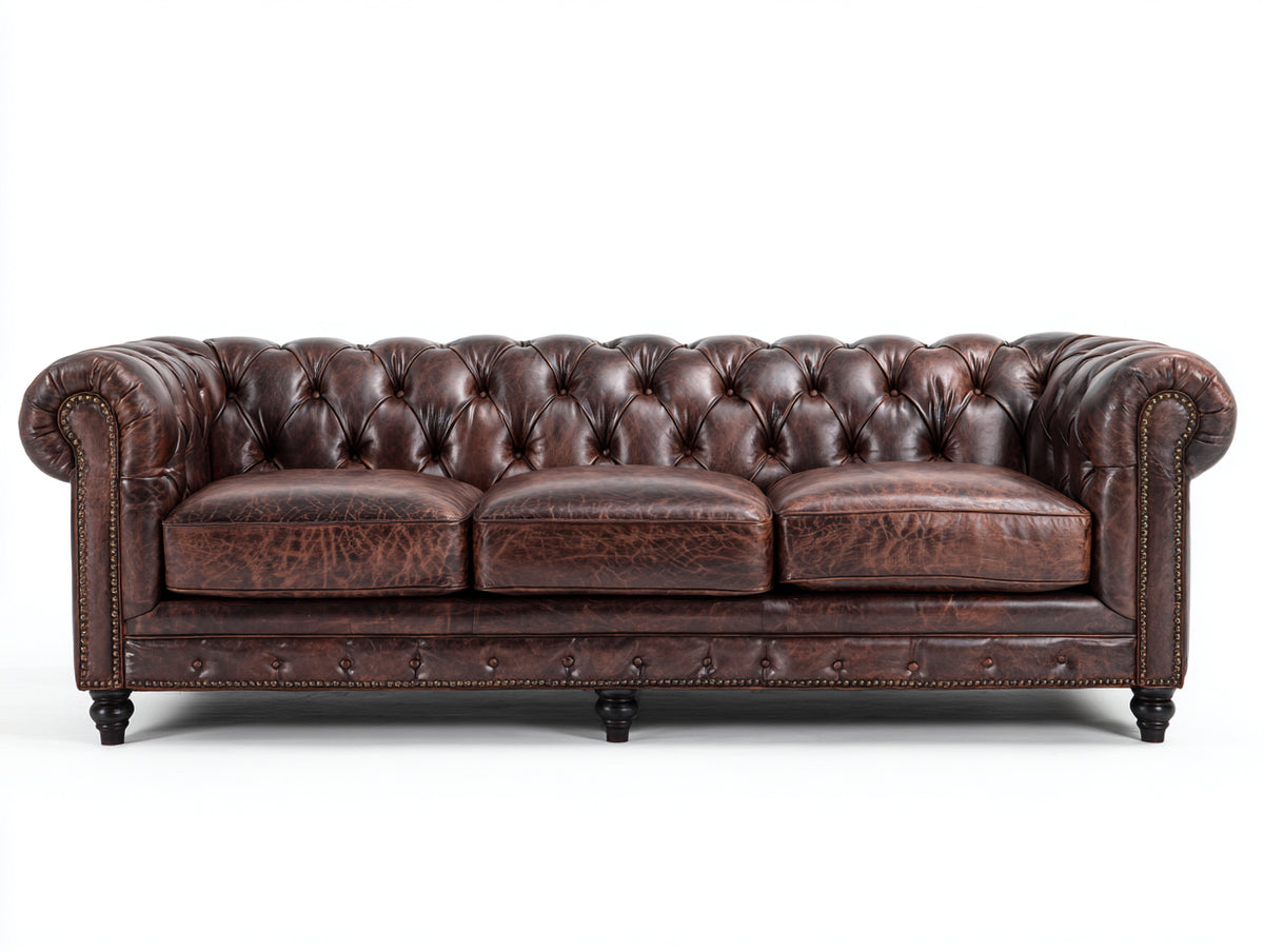 Canapé 3 places - Cuir - 224 x 94 x 77 cm - Marron vieilli - Style Chesterfield vintage