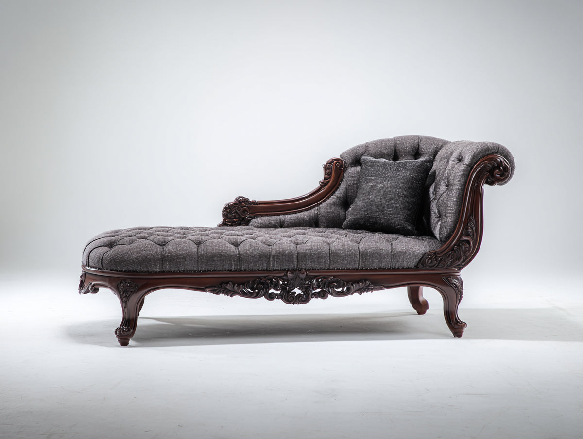 Chaise longue - Tissu-Bois - 170 x 78 x 90 cm - Gris anthracite-Brun foncé - Style baroque sculpté