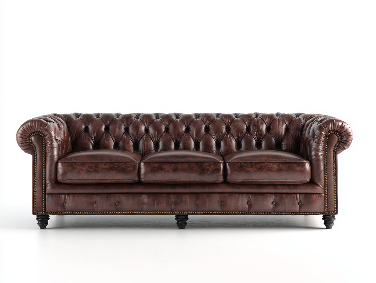 Canapé 3 places - Cuir - 229 x 93 x 76 cm - Brun chocolat - Style Chesterfield traditionnel