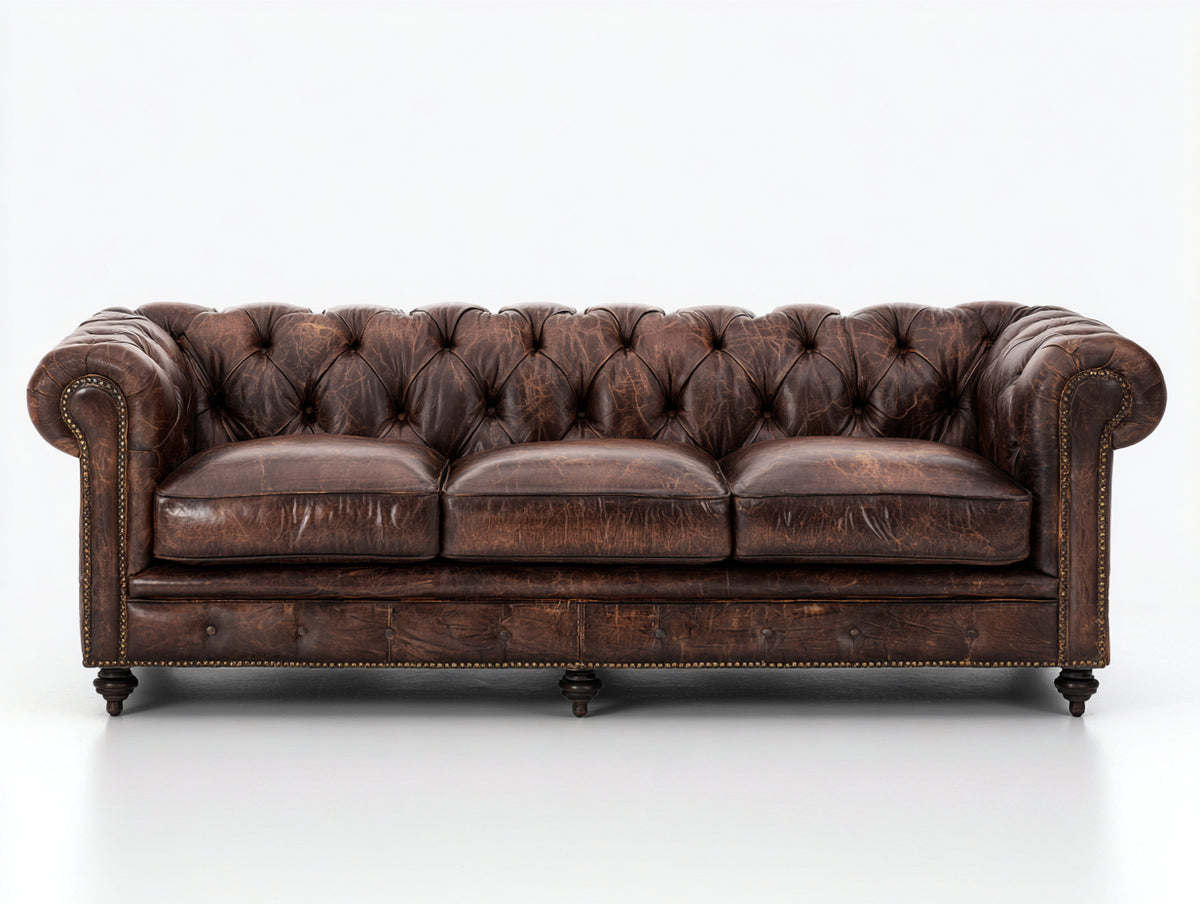 Canapé 3 places - Cuir - 226 x 96 x 79 cm - Marron vieilli - Style Chesterfield vintage
