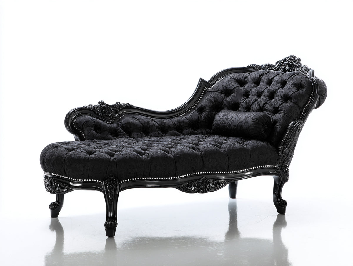 Chaise longue - Velours-Bois - 177 x 81 x 93 cm - Noir - Style rococo